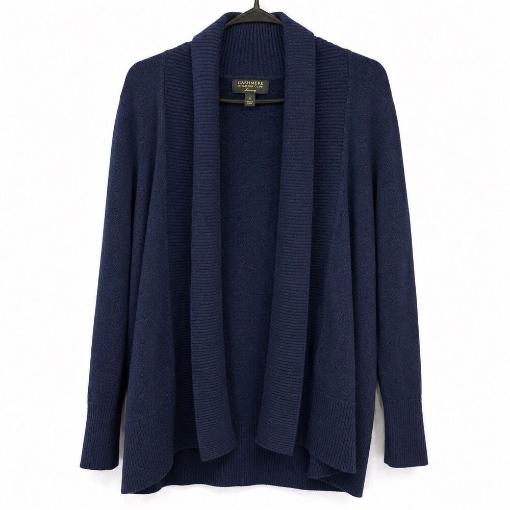 Charter Club Luxury 100% Cashmere Cardigan Women XL Navy Open Front Shawl Collar - Picture 2 of 6